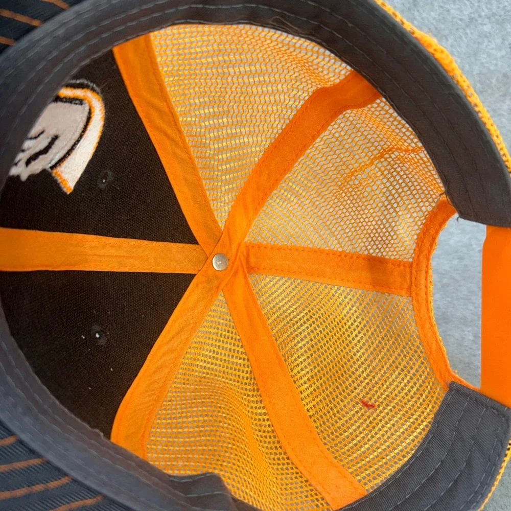 Spartan Mowers Spartan Helmet Logo Mens Black Orange Trucker Hat Snapback OSFM